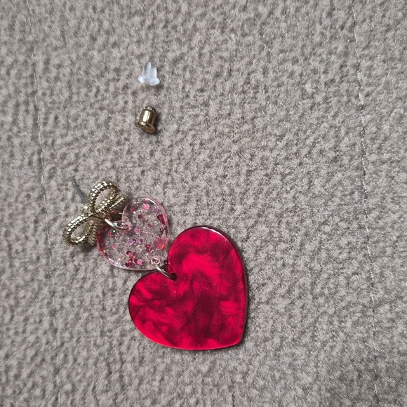 Cute Sparkly Double Red Heart Dangle Earrings with Bow Holiday - Picture 3 of 4